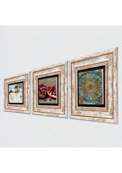 Yaşam Çiçeği, Leonardo da Vinci At Heykeli, Nar Taş Duvar Tablosu Çerçeveli Duvar Dekoru 3 Parça Tablo Seti Wall Art T3-1318
