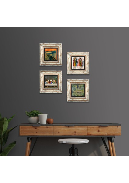 Leonardo da Vinci, Çığlık, Yerli Kadınlar, Claude Monet Taş Duvar Tablosu Çerçeveli Duvar Dekoru 4 Parça Tablo Seti Wall Art T4-1735