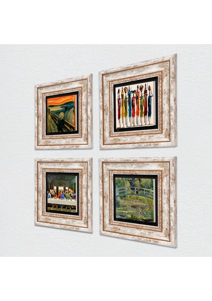 Leonardo da Vinci, Çığlık, Yerli Kadınlar, Claude Monet Taş Duvar Tablosu Çerçeveli Duvar Dekoru 4 Parça Tablo Seti Wall Art T4-1735