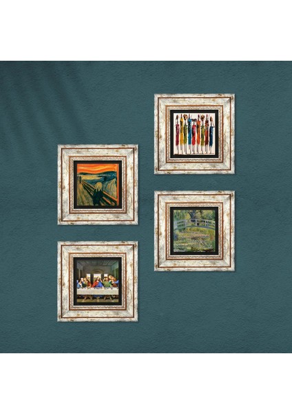 Leonardo da Vinci, Çığlık, Yerli Kadınlar, Claude Monet Taş Duvar Tablosu Çerçeveli Duvar Dekoru 4 Parça Tablo Seti Wall Art T4-1735