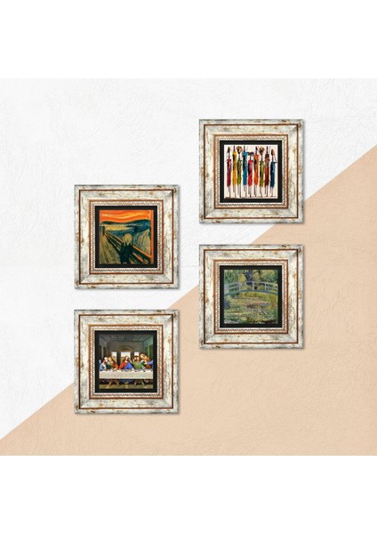 Leonardo da Vinci, Çığlık, Yerli Kadınlar, Claude Monet Taş Duvar Tablosu Çerçeveli Duvar Dekoru 4 Parça Tablo Seti Wall Art T4-1735