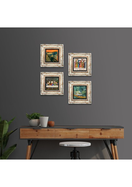 Van Gogh, Leonardo da Vinci, Çığlık, Yerli Kadınlar Taş Duvar Tablosu Çerçeveli Duvar Dekoru 4 Parça Tablo Seti Wall Art T4-1753