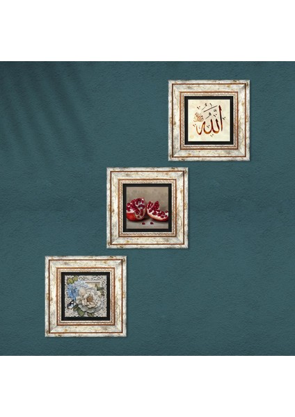 Allah Lafzı, Kelebekli Çiçek, Nar Taş Duvar Tablosu Çerçeveli Duvar Dekoru 3 Parça Tablo Seti Wall Art T3-1152 fırsatları