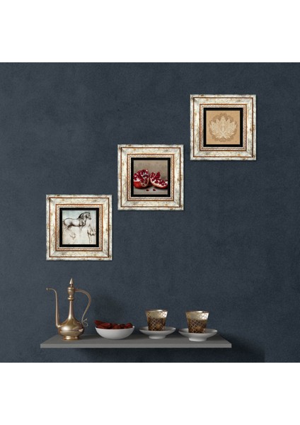 Lotus Çiçeği, Leonardo da Vinci At Heykeli, Nar Taş Duvar Tablosu Çerçeveli Duvar Dekoru 3 Parça Tablo Seti Wall Art T3-1314