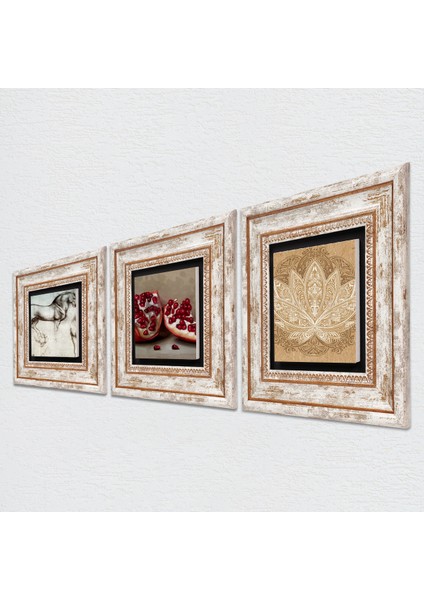 Lotus Çiçeği, Leonardo da Vinci At Heykeli, Nar Taş Duvar Tablosu Çerçeveli Duvar Dekoru 3 Parça Tablo Seti Wall Art T3-1314
