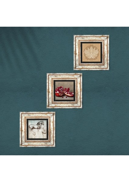 Lotus Çiçeği, Leonardo da Vinci At Heykeli, Nar Taş Duvar Tablosu Çerçeveli Duvar Dekoru 3 Parça Tablo Seti Wall Art T3-1314