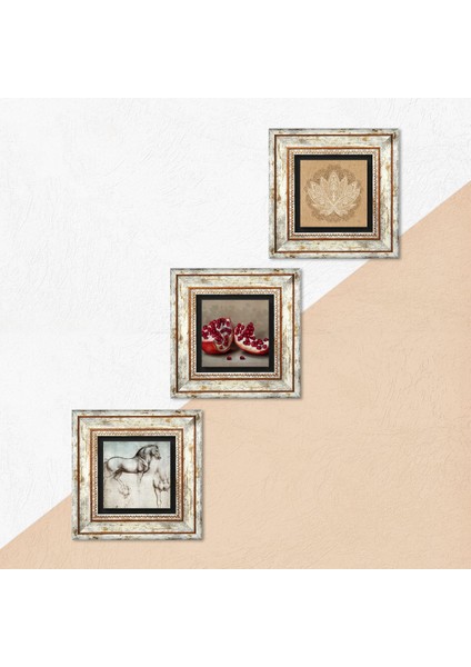 Lotus Çiçeği, Leonardo da Vinci At Heykeli, Nar Taş Duvar Tablosu Çerçeveli Duvar Dekoru 3 Parça Tablo Seti Wall Art T3-1314