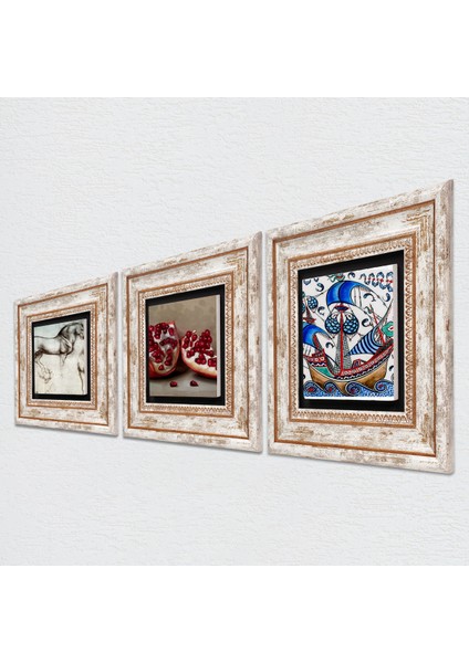 Çini Sanatı Yelkenli Gemi, Da Vinci At Heykeli, Nar Taş Duvar Tablosu Çerçeveli Duvar Dekoru 3 Parça Tablo Seti Wall Art T3-1315