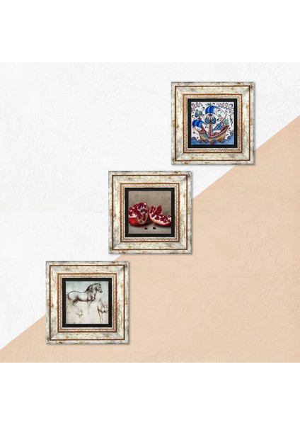 Çini Sanatı Yelkenli Gemi, Da Vinci At Heykeli, Nar Taş Duvar Tablosu Çerçeveli Duvar Dekoru 3 Parça Tablo Seti Wall Art T3-1315