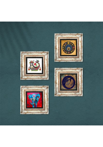 Fil, Tavus Kuşu, Şahmeran, Nazar Çerçeveli Taş Duvar Tablosu 4’lü Set - Dekoratif Modern Sanat, Ev ve Ofis Dekoru |TK4-313| fırsatları