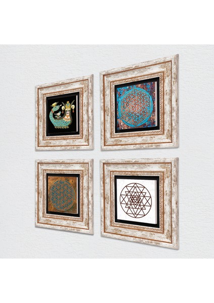 Yaşam Çiçeği, Sri Yantra, Şahmeran Çerçeveli Taş Duvar Tablosu 4’lü Set - Dekoratif Modern Sanat, Ev ve Ofis Dekoru |TK4-471| fiyatları