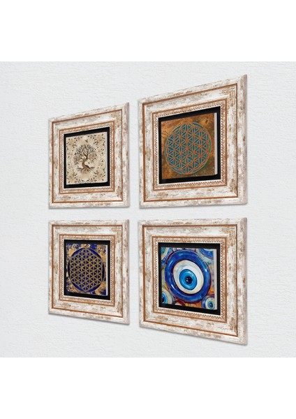 Nazar, Yaşam Çiçeği, Hayat Ağacı Taş Duvar Tablosu Çerçeveli Duvar Dekoru 4 Parça Tablo Seti Wall Art T4-1584