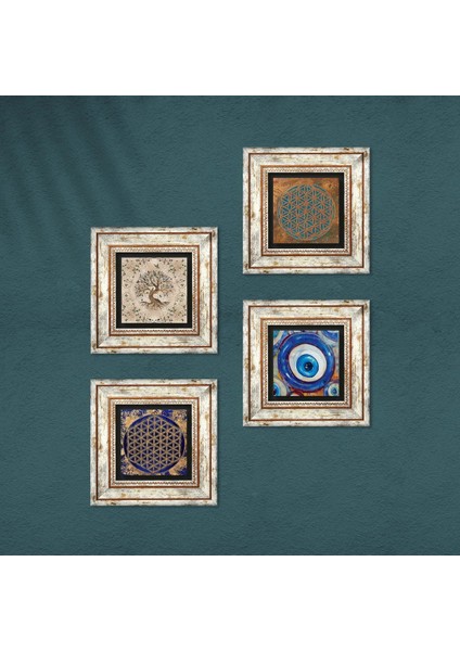 Nazar, Yaşam Çiçeği, Hayat Ağacı Taş Duvar Tablosu Çerçeveli Duvar Dekoru 4 Parça Tablo Seti Wall Art T4-1584