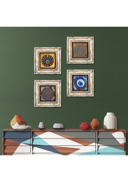 Stone Yaşam Çiçeği, Nazar Çerçeveli Taş Duvar Tablosu 4’lü Set - Dekoratif Modern Sanat, Ev ve Ofis Dekoru |TK4-1586|
