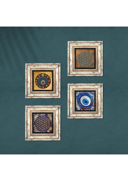 Stone Yaşam Çiçeği, Nazar Çerçeveli Taş Duvar Tablosu 4’lü Set - Dekoratif Modern Sanat, Ev ve Ofis Dekoru |TK4-1586| fırsatları