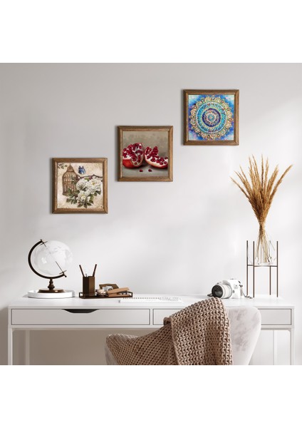 Mandala, Kelebekli Çiçek, Nar Taş Duvar Tablosu Ahşap Çerçeveli Duvar Dekoru 3 Parça Tablo Seti Wall Art W3-1101