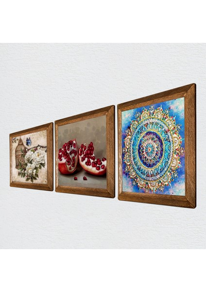 Mandala, Kelebekli Çiçek, Nar Taş Duvar Tablosu Ahşap Çerçeveli Duvar Dekoru 3 Parça Tablo Seti Wall Art W3-1101 fiyatları