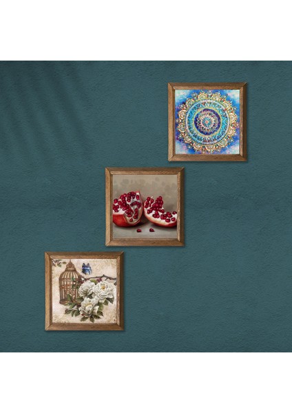 Mandala, Kelebekli Çiçek, Nar Taş Duvar Tablosu Ahşap Çerçeveli Duvar Dekoru 3 Parça Tablo Seti Wall Art W3-1101 modelleri