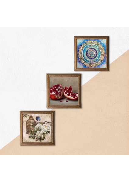 Mandala, Kelebekli Çiçek, Nar Taş Duvar Tablosu Ahşap Çerçeveli Duvar Dekoru 3 Parça Tablo Seti Wall Art W3-1101 indirimleri