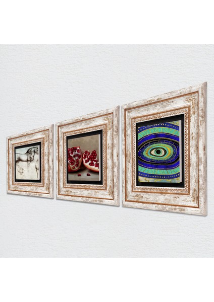Nazar, Leonardo da Vinci At Heykeli, Nar Taş Duvar Tablosu Çerçeveli Duvar Dekoru 3 Parça Tablo Seti Wall Art T3-1323