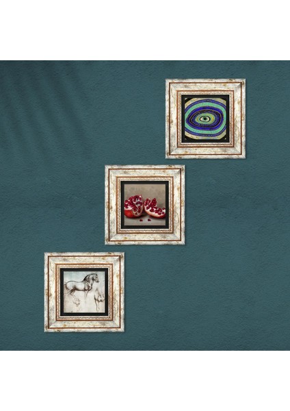 Nazar, Leonardo da Vinci At Heykeli, Nar Taş Duvar Tablosu Çerçeveli Duvar Dekoru 3 Parça Tablo Seti Wall Art T3-1323