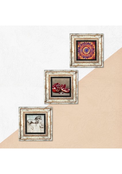 Mandala, Leonardo da Vinci At Heykeli, Nar Taş Duvar Tablosu Çerçeveli Duvar Dekoru 3 Parça Tablo Seti Wall Art T3-1328