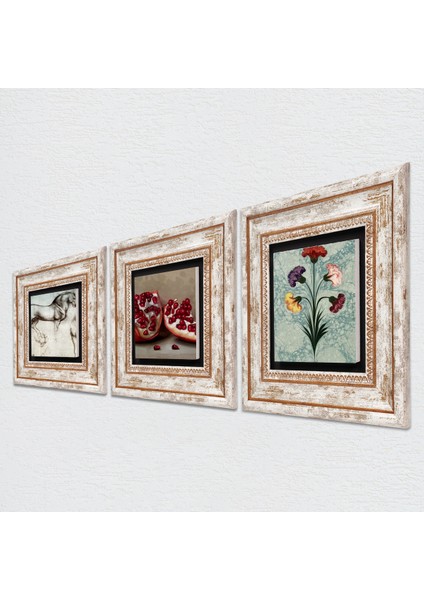 Ebru Sanatı, Leonardo da Vinci At Heykeli, Nar Taş Duvar Tablosu Çerçeveli Duvar Dekoru 3 Parça Tablo Seti Wall Art T3-1332