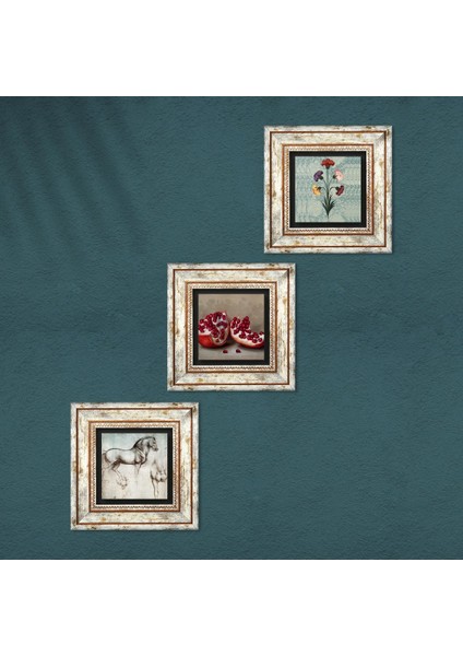 Ebru Sanatı, Leonardo da Vinci At Heykeli, Nar Taş Duvar Tablosu Çerçeveli Duvar Dekoru 3 Parça Tablo Seti Wall Art T3-1332