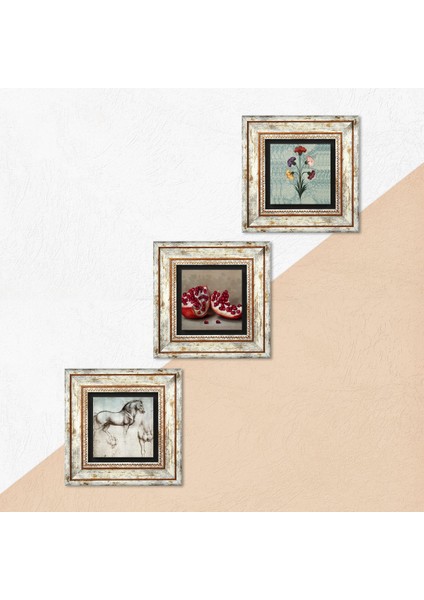 Ebru Sanatı, Leonardo da Vinci At Heykeli, Nar Taş Duvar Tablosu Çerçeveli Duvar Dekoru 3 Parça Tablo Seti Wall Art T3-1332