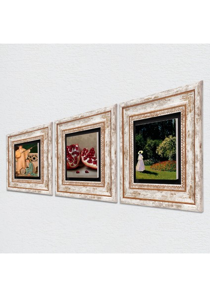 Stone Claude Monet Bahçedeki Kadın, İki Müzisyen Kız, Nar Çerçeveli Taş Duvar Tablosu 3’lü Set - Dekoratif Modern Sanat, Ev ve Ofis Dekoru |TK3-1505| fiyatları