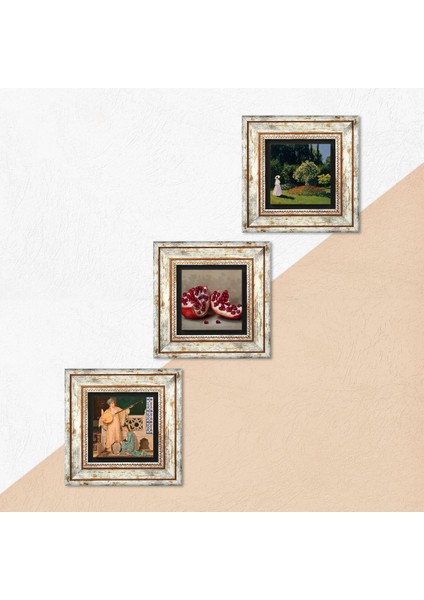 Stone Claude Monet Bahçedeki Kadın, İki Müzisyen Kız, Nar Çerçeveli Taş Duvar Tablosu 3’lü Set - Dekoratif Modern Sanat, Ev ve Ofis Dekoru |TK3-1505| indirimleri