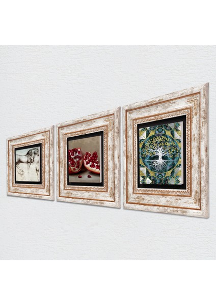 Hayat Ağacı, Leonardo da Vinci At Heykeli, Nar Çerçeveli Taş Duvar Tablosu 3’lü Set - Dekoratif Modern Sanat, Ev ve Ofis Dekoru |TK3-1330| fiyatları