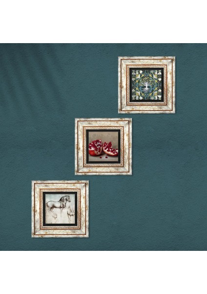 Hayat Ağacı, Leonardo da Vinci At Heykeli, Nar Çerçeveli Taş Duvar Tablosu 3’lü Set - Dekoratif Modern Sanat, Ev ve Ofis Dekoru |TK3-1330| fırsatları