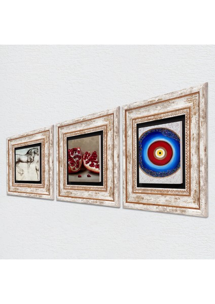 Stone Nazar, Leonardo da Vinci At Heykeli, Nar Çerçeveli Taş Duvar Tablosu 3’lü Set - Dekoratif Modern Sanat, Ev ve Ofis Dekoru |TK3-1333| fiyatları