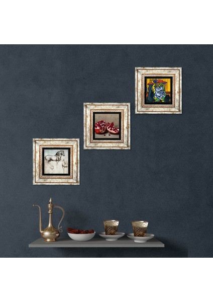 Picasso Ağlayan Kadın, Leonardo da Vinci At Heykeli, Nar Taş Duvar Tablosu Çerçeveli Duvar Dekoru 3 Parça Tablo Seti Wall Art T3-1348