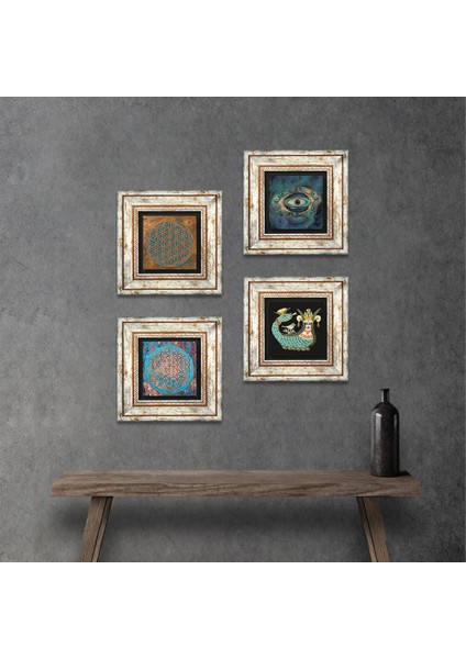 Nazar, Yaşam Çiçeği, Şahmeran Çerçeveli Taş Duvar Tablosu 4’lü Set - Dekoratif Modern Sanat, Ev ve Ofis Dekoru |TK4-483|