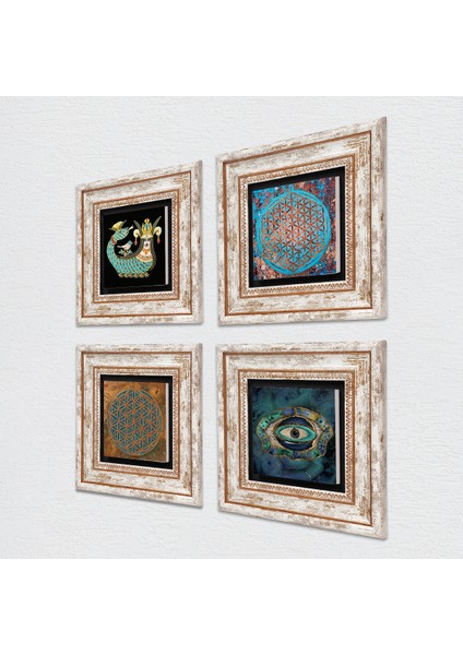 Nazar, Yaşam Çiçeği, Şahmeran Çerçeveli Taş Duvar Tablosu 4’lü Set - Dekoratif Modern Sanat, Ev ve Ofis Dekoru |TK4-483| fiyatları