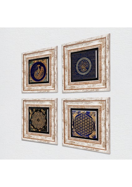 Nazar, Sri Yantra, Tavus Kuşu, Yaşam Çiçeği Çerçeveli Taş Duvar Tablosu 4’lü Set - Dekoratif Modern Sanat, Ev ve Ofis Dekoru |TK4-49| fiyatları