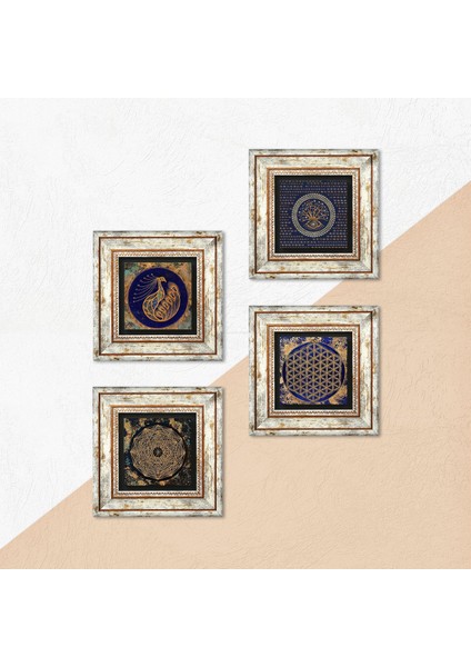 Nazar, Sri Yantra, Tavus Kuşu, Yaşam Çiçeği Çerçeveli Taş Duvar Tablosu 4’lü Set - Dekoratif Modern Sanat, Ev ve Ofis Dekoru |TK4-49| indirimleri