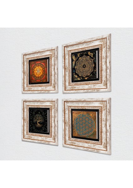 Yaşam Çiçeği, Sri Yantra, Hayat Ağacı Çerçeveli Taş Duvar Tablosu 4’lü Set - Dekoratif Modern Sanat, Ev ve Ofis Dekoru |TK4-518| fiyatları