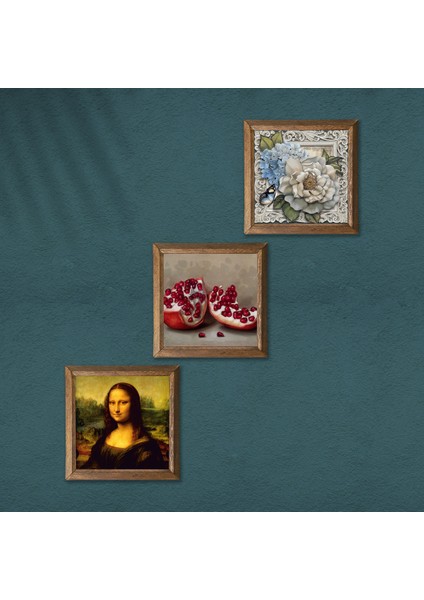 Leonardo da Vinci Mona Lisa, Kelebekli Çiçek, Nar Ahşap Çerçeveli Taş Duvar Tablosu 3’lü Set – 25x25 cm Dekoratif Modern Sanat – Ev ve Ofis Dekoru |W3-1127| modelleri