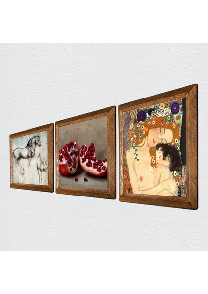 Gustav Klimt Anne Çocuk, Leonardo da Vinci At Heykeli, Nar Taş Duvar Tablosu Ahşap Çerçeveli Duvar Dekoru 3 Parça Tablo Seti Wall Art W3-1289