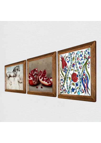Çini Sanatı Lale, Leonardo da Vinci At Heykeli, Nar Taş Duvar Tablosu Ahşap Çerçeveli Duvar Dekoru 3 Parça Tablo Seti Wall Art W3-1316