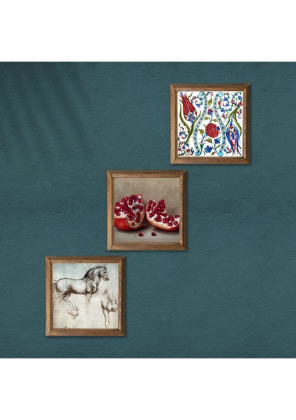 Çini Sanatı Lale, Leonardo da Vinci At Heykeli, Nar Taş Duvar Tablosu Ahşap Çerçeveli Duvar Dekoru 3 Parça Tablo Seti Wall Art W3-1316