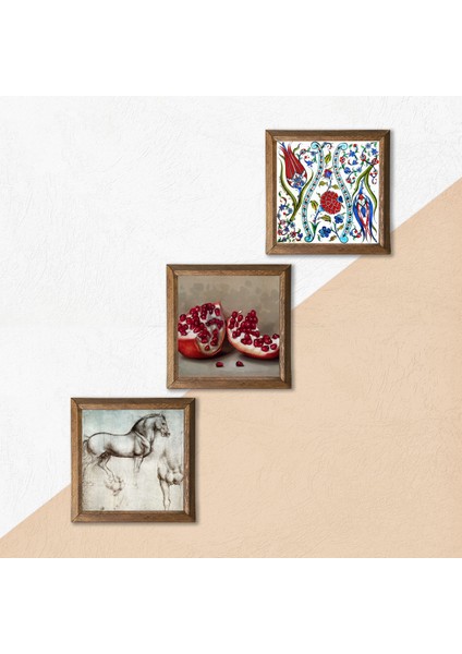 Çini Sanatı Lale, Leonardo da Vinci At Heykeli, Nar Taş Duvar Tablosu Ahşap Çerçeveli Duvar Dekoru 3 Parça Tablo Seti Wall Art W3-1316