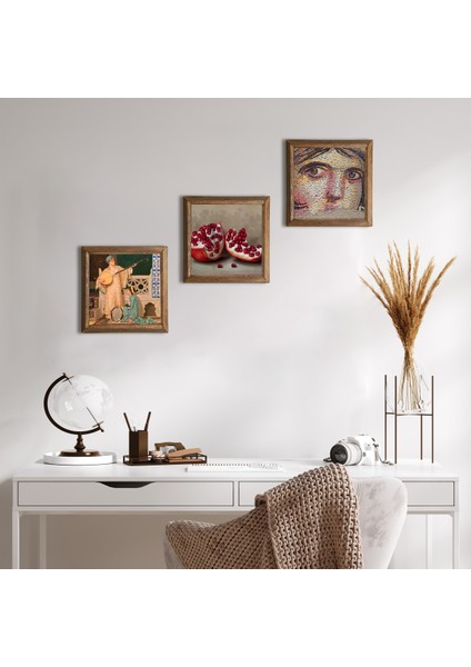Çingene Kızı Mozaiği, İki Müzisyen Kız Tablosu, Nar Taş Duvar Tablosu Ahşap Çerçeveli Duvar Dekoru 3 Parça Tablo Seti Wall Art W3-1472