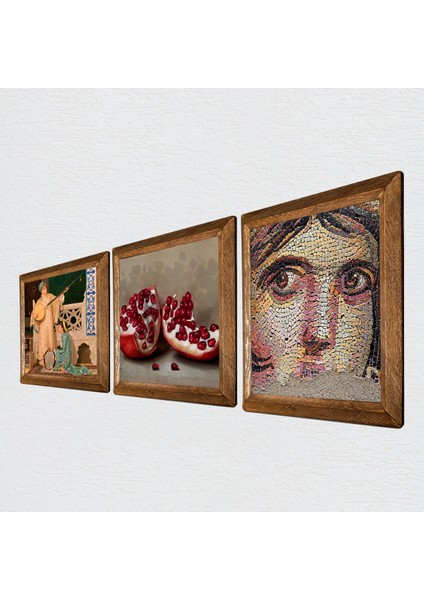 Çingene Kızı Mozaiği, İki Müzisyen Kız Tablosu, Nar Taş Duvar Tablosu Ahşap Çerçeveli Duvar Dekoru 3 Parça Tablo Seti Wall Art W3-1472