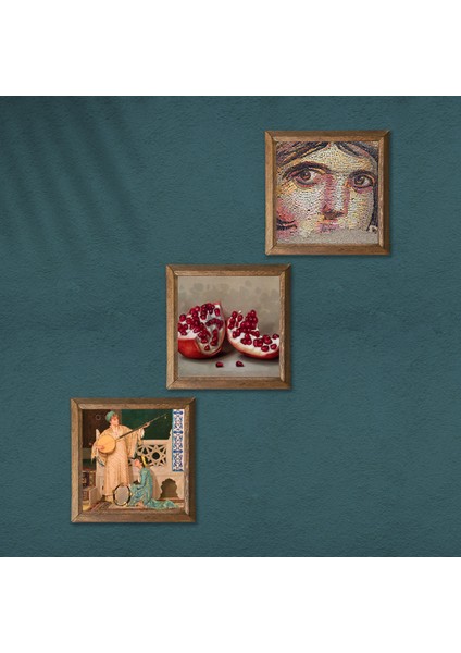 Çingene Kızı Mozaiği, İki Müzisyen Kız Tablosu, Nar Taş Duvar Tablosu Ahşap Çerçeveli Duvar Dekoru 3 Parça Tablo Seti Wall Art W3-1472