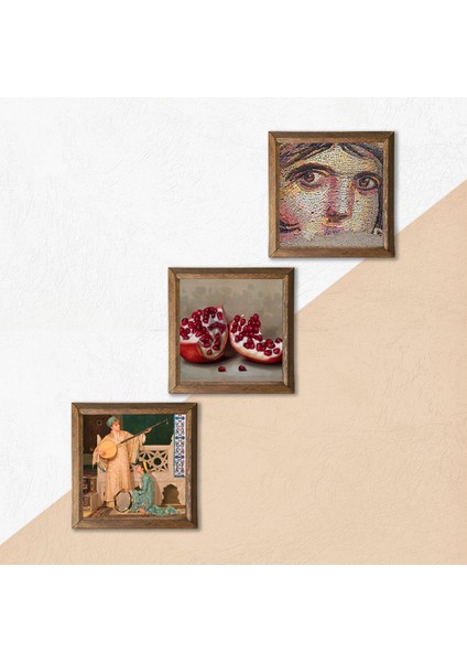 Çingene Kızı Mozaiği, İki Müzisyen Kız Tablosu, Nar Taş Duvar Tablosu Ahşap Çerçeveli Duvar Dekoru 3 Parça Tablo Seti Wall Art W3-1472