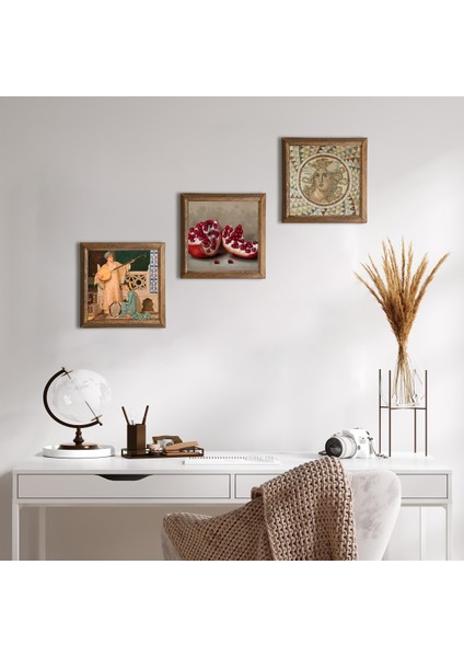 Mozaik Serisi, İki Müzisyen Kız Tablosu, Nar Taş Duvar Tablosu Ahşap Çerçeveli Duvar Dekoru 3 Parça Tablo Seti Wall Art W3-1473